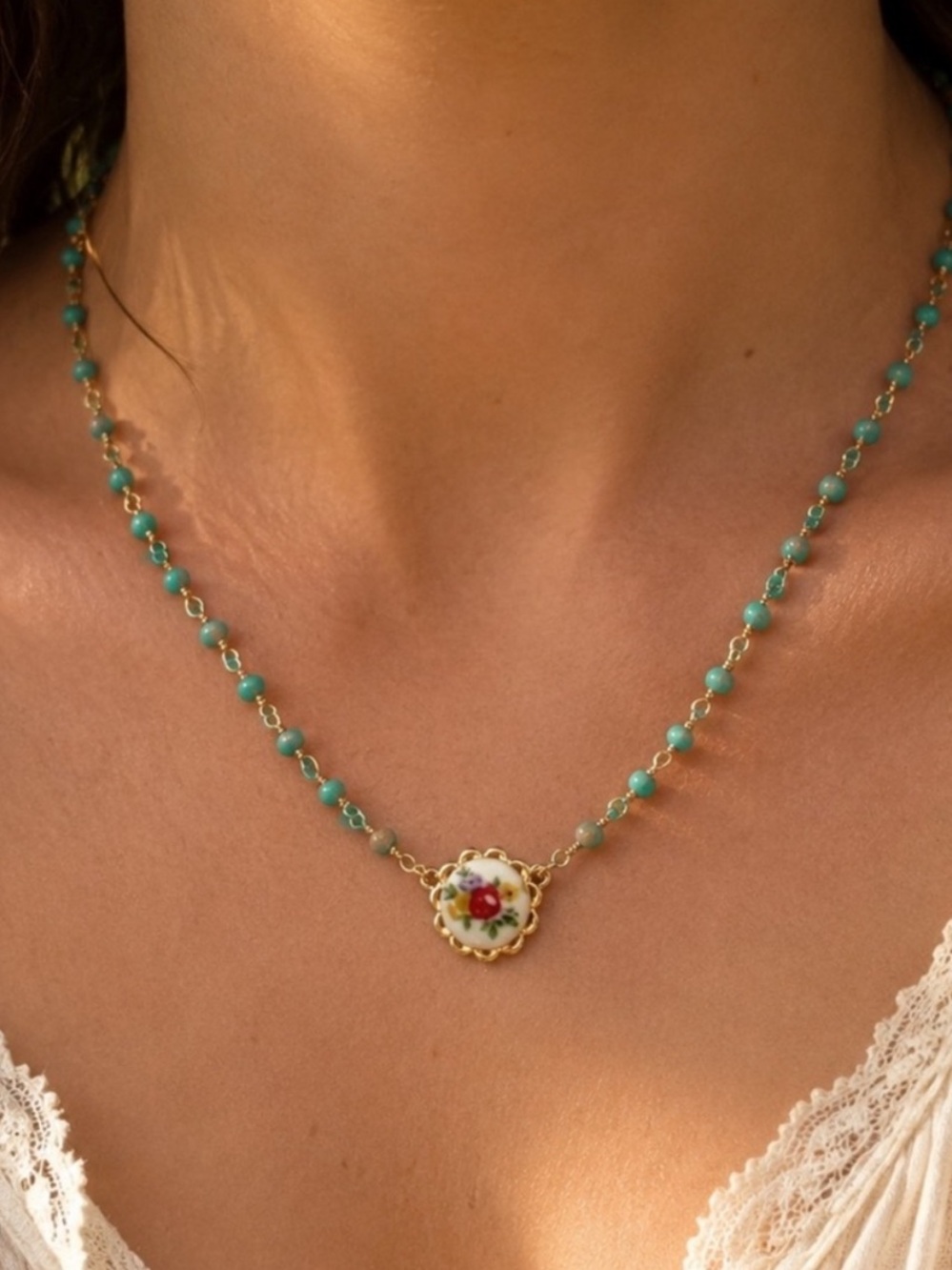 Plunder floral pendant necklace turquoise rosary, style bead NWT